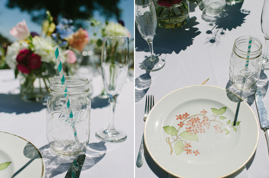 vintage floral plates, mason jar glasses and striped straws