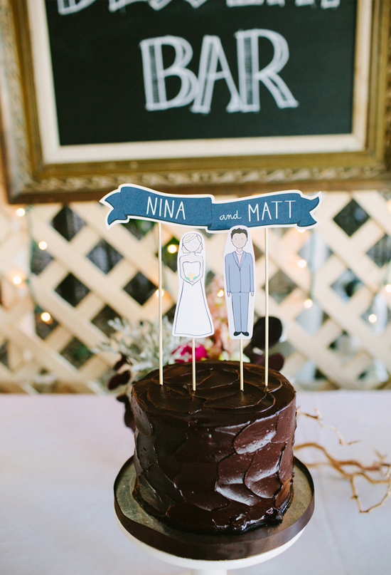 simple chocolate frosted wedding cake with paper banner topper
