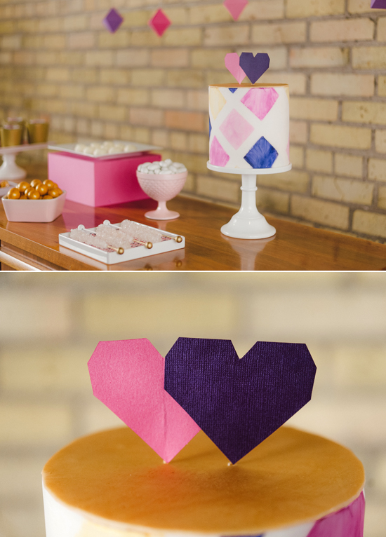 geometric pink, purple and gold cake and heart cake toppers