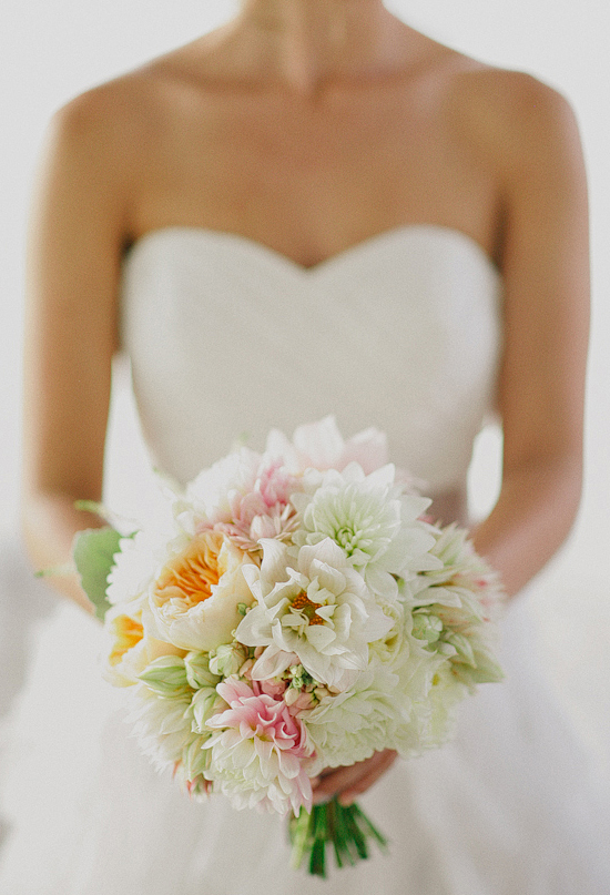 reamy white and peach cabbage roses, pale pink spray roses, dusty miller, and soft pink dahlia bouquet