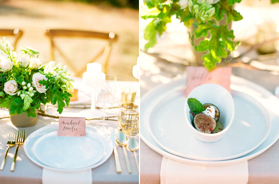 pink ombre place cards, gold flatware and patterned glasses