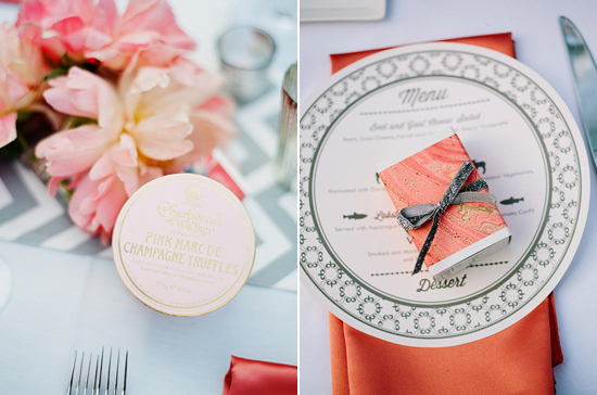 pink and coral table accents and champagne truffles