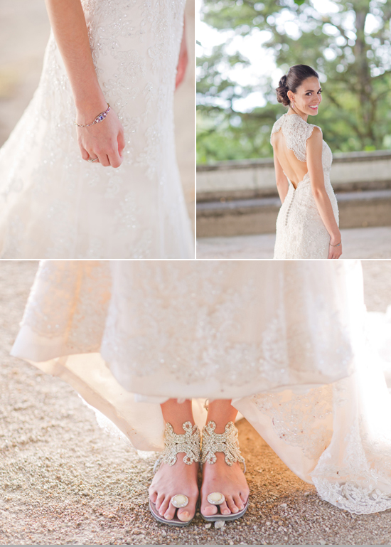 Maggie Sottero beaded wedding dress and Feesk Sandals
