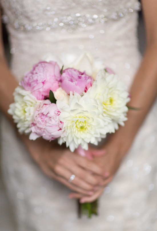 Blush pink peonies and white dahlias bouquet