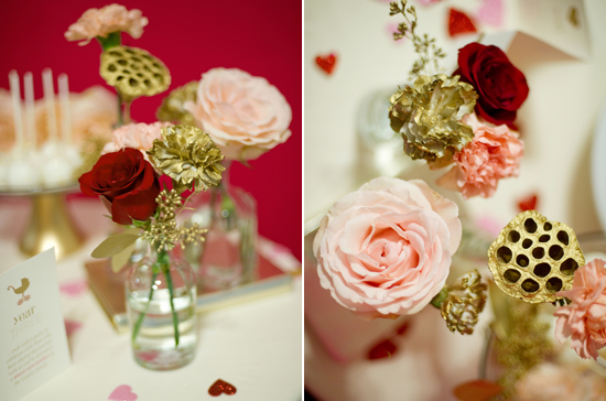 pink and red roses with gold accents