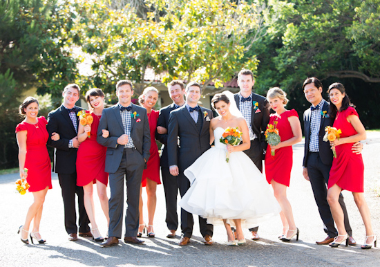 ruby red and navy wedding party wardrobe
