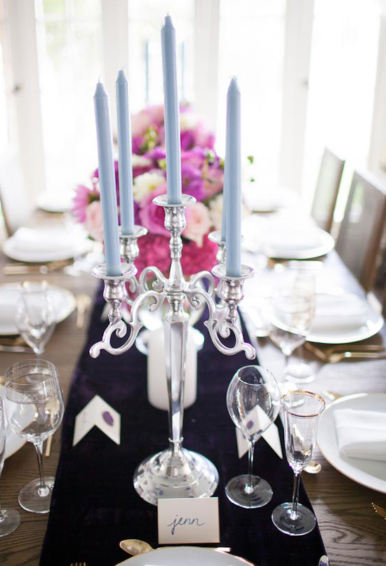 silver candelabra and light blue candles