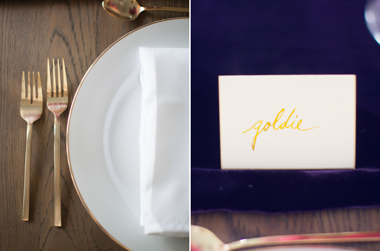 gold flatware and calligraphy place cards