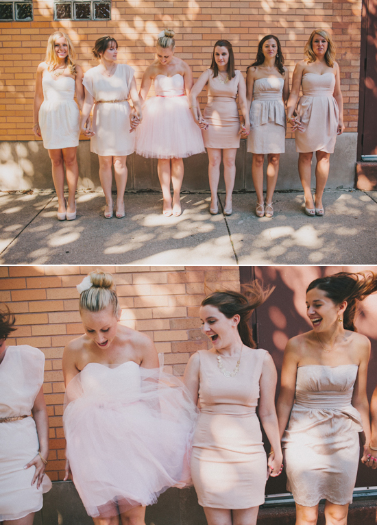 light pink, champagne and cream bridesmaid dresses and nude heels