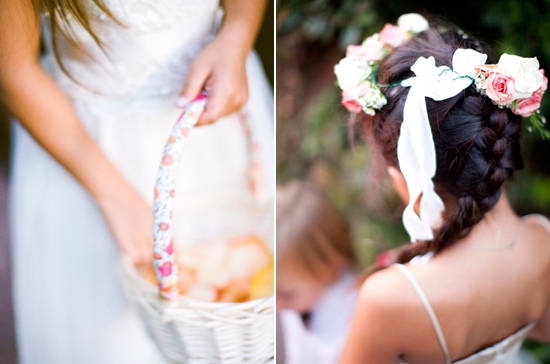 ribbon wrapped basket and flower girl floral crown | Photo by Nancy Neil