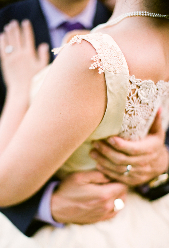 vintage lace back, champagne color wedding dress | Photo by Nancy Neil
