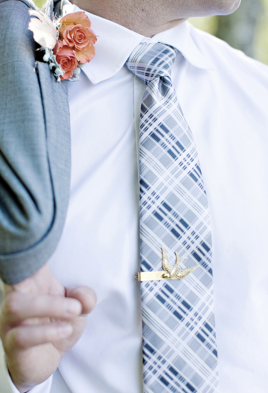 grey suit, plaid tie and gold tie clip | Photo by Anne Nunn Photography