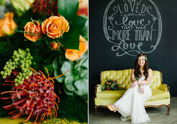 Lace wedding dress and tropical florals  | photos by Christine McGuigan | 100 Layer Cake
