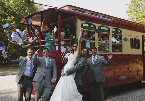 Trolly car wedding vehicle | Photo by Lime Green Photography | 100 Layer Cake