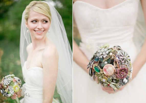 Vintage brooch bridal bouquet | Photo by Jeremy Harwell | 100 Layer Cake