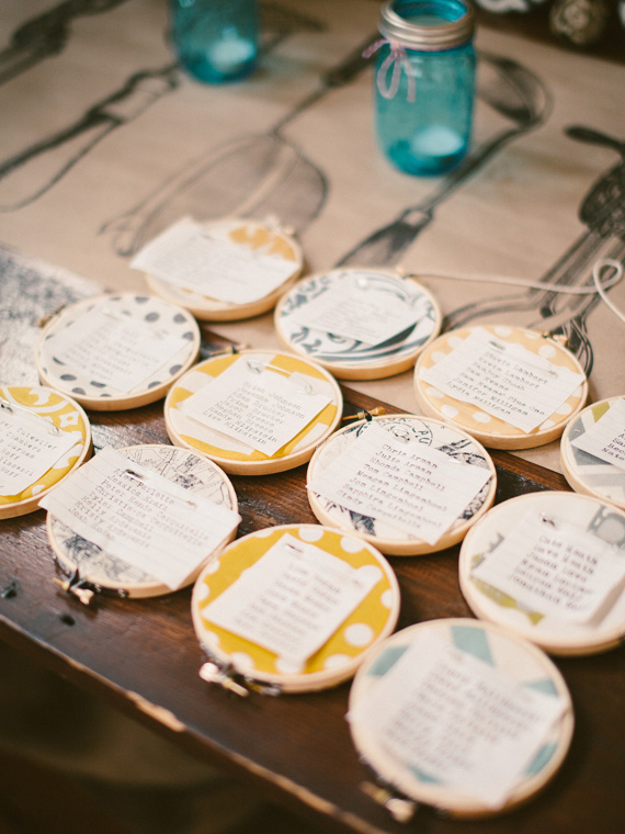 Embroidery hoop escort cards | Photo by T and C Photographie | Read more - http://www.100layercake.com/blog/?p=70516