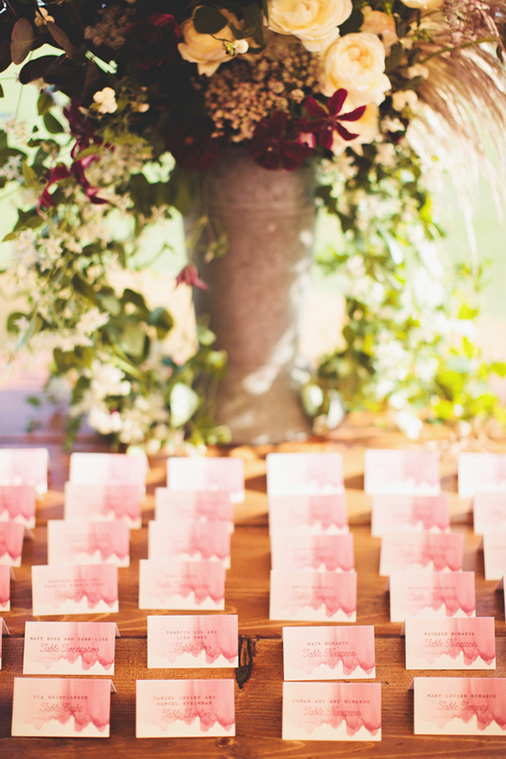 Watercolor escort cards | Photo by First Mate Photo Co | Read more - http://www.100layercake.com/blog/?p=71427