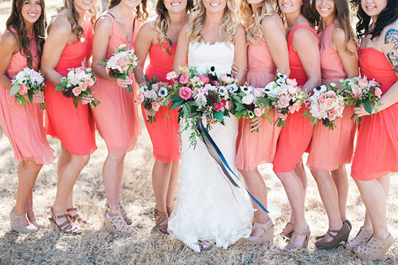 Coral bridesmaid dresses | Photos by Brandi Welles | Read more -  http://www.100layercake.com/blog/wp-content/uploads/2015/04/Colorful-Rustic-Barn-Wedding