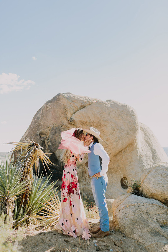 Rustic Joshua Tree wedding with a pink floral dress / photo by Let's Frolic Together