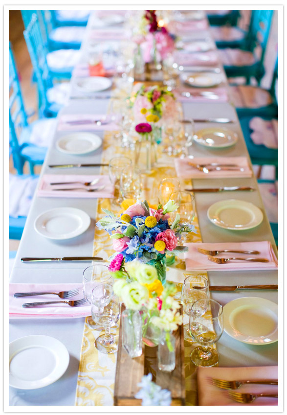yellow pink turquoise tablescape