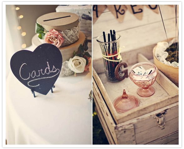 chalkboard and wood trunk wedding accents