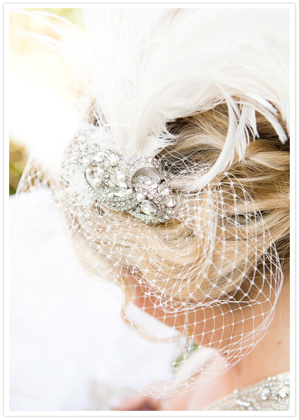 vintage barrette, feathers and blusher veil