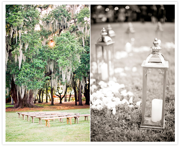 outdoor wedding benches and decorative lanterns