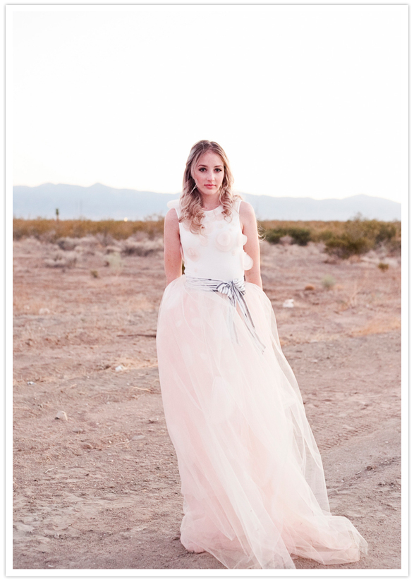 Chantelle of Jac and Moigrad chiffon gown with grey watercolor sash