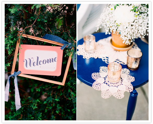 wooden frame welcome sign and decorative doilies and candles