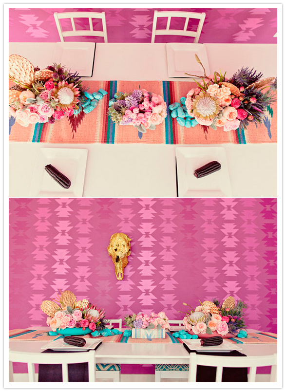 patterned table runner, vibrant florals and gold glittered mounted skull