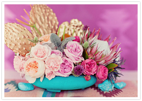 pink florals and cactus arrangement