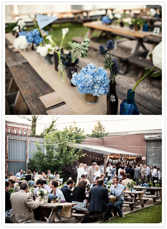blue hydrangea and and bottle centerpieces