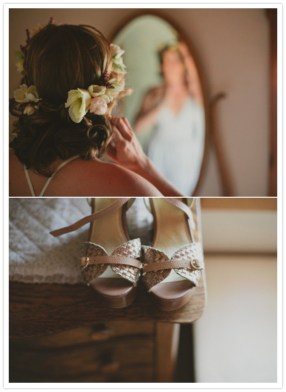 delicate floral headdress and Seychelles shoes