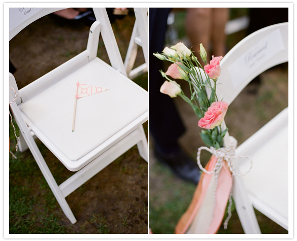 handmade pennant flags and delicate floral chair accents