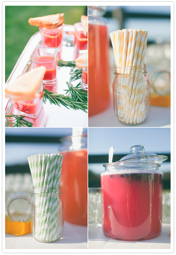 punch bar, with mason jar glasses and vintage-inspired green and yellow straws