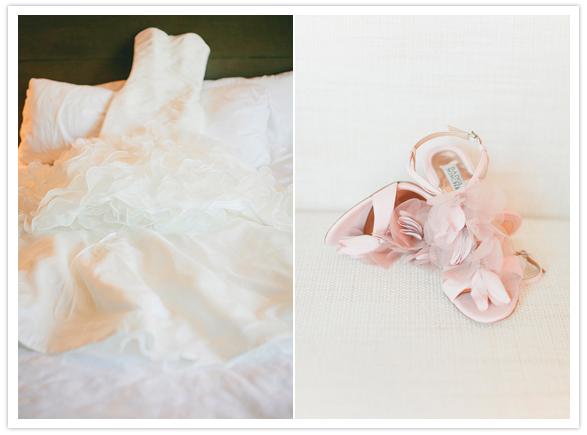 La Sposa wedding dress and pink Badgley Mischka heels