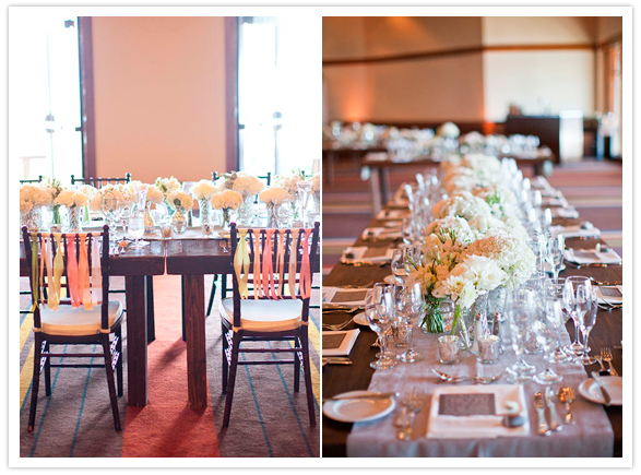ribbon adorned chairs and rows of centerpiece florals