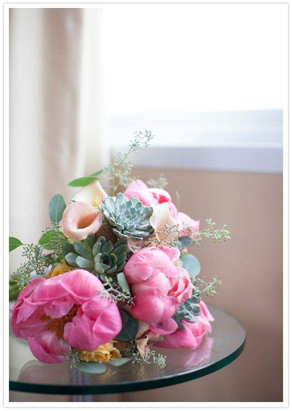 pink and peach peony, orchid and succulent bouquet