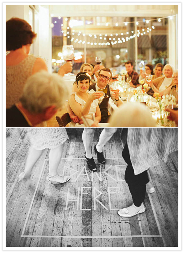 dance floor tape sign and twinkle lights
