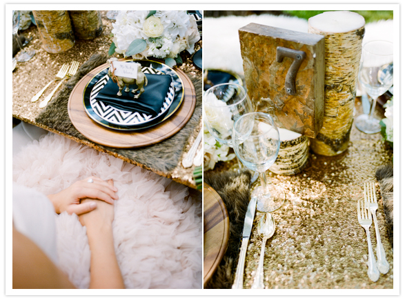 tree bark table numbers and gold sequins