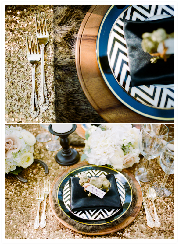 chevron plates and gold sequin table linens