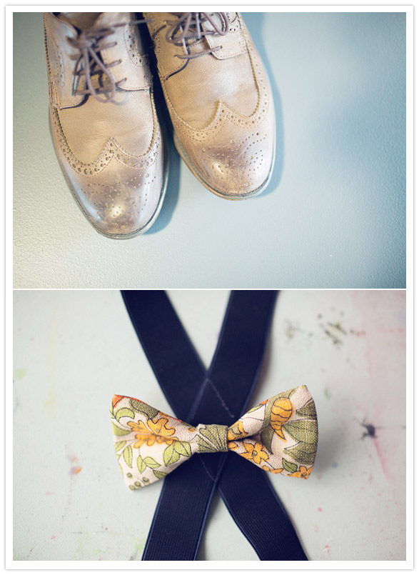 gold groom's shoes and floral bow tie