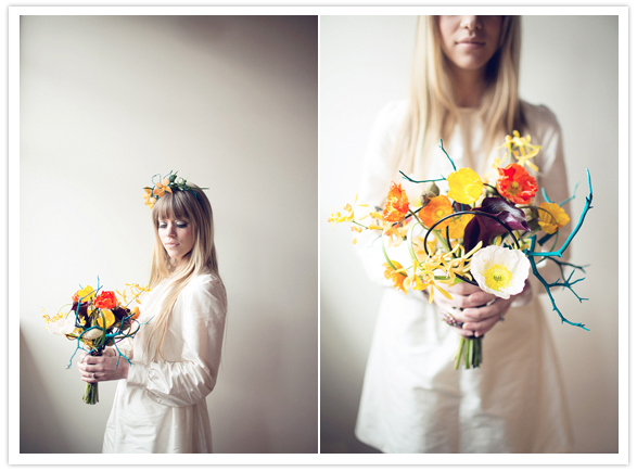 60s mod wedding style and bright wedding bouquet