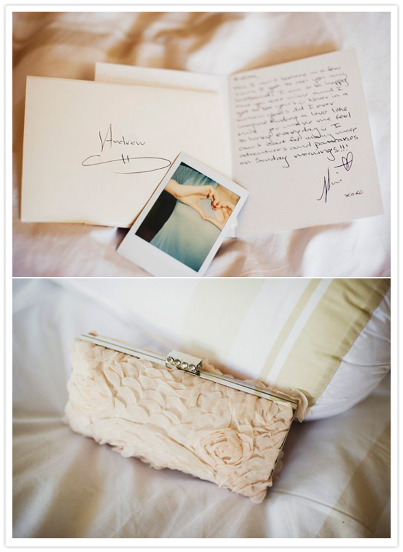 bride and groom notes and ruffled clutch