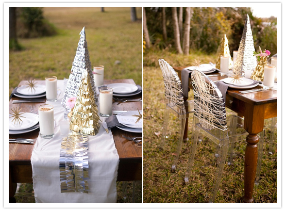 streamer wrapped chairs and fringed Christmas tree centerpieces