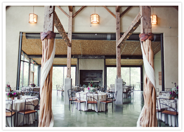 rustic beamed ceilings and fabric wrapped decor