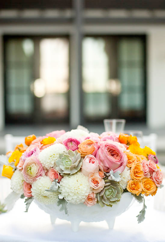 mint, gold, pink and peach floral centerpiece