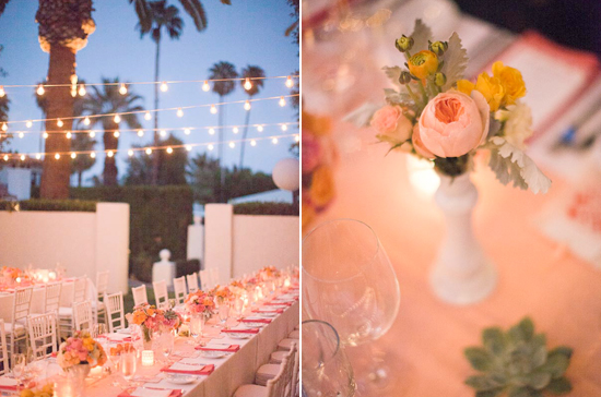 hanging twinkle lights and slender floral centerpieces