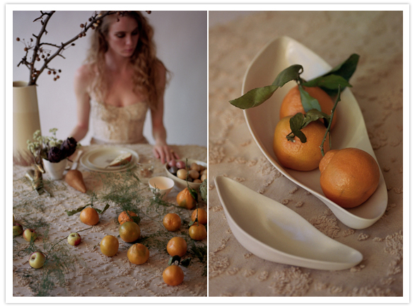 oranges and lace tablecloth