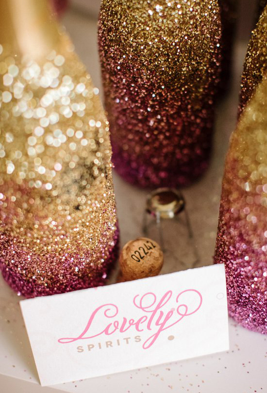 pink and gold ombre glitter champagne bottles